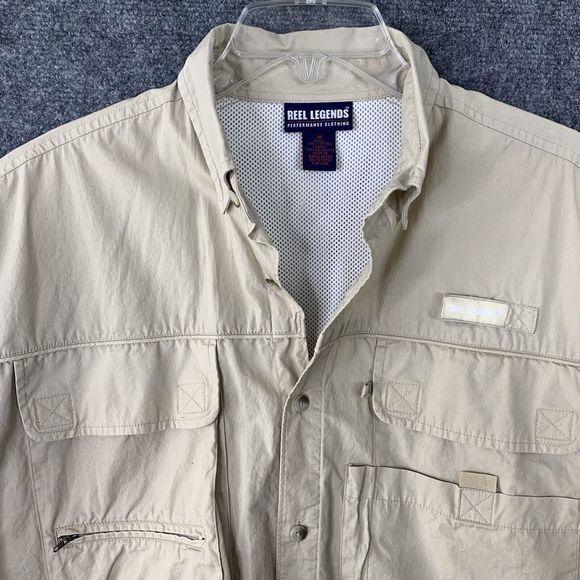 Reel Legions Performance Vented Fishing Shirt Men M Tan Pockets Short Sleeves - Picture 6 of 13